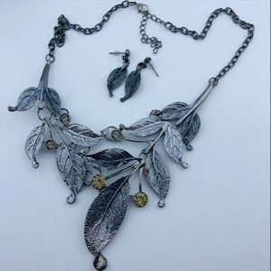 Statement Silver Tone Leaf Necklace & Earring Set